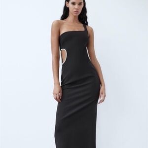 Zara Black One-Shoulder Cutout Maxi Dress with White Trim
